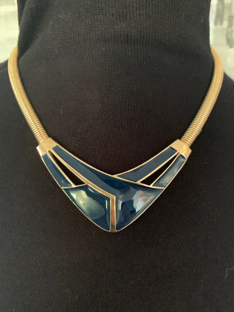 Trifari Gold tone and enamel necklace and earring set 70s