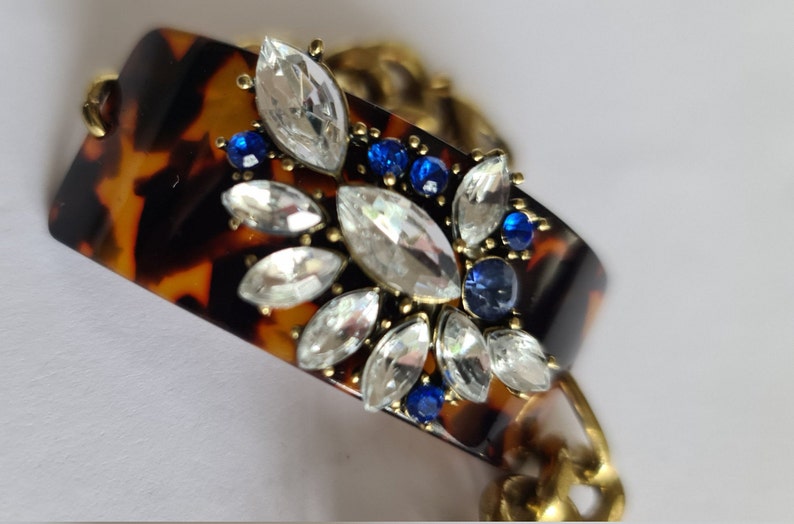 gold and blue vintage stunning beautifully made Bangle bracelet tort shell bling
