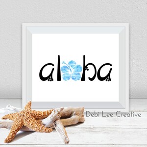 Aloha - Blue / Aqua Watercolor Hibiscus - Modern + Watercolor Printable Desk Wall Art Decor - Instant Download PDF 3 sizes