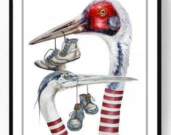 コウノトリと赤ちゃんの水彩画アートプリント：ヴィンテージ妊娠発表