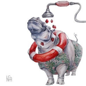 KUNSTDRUCK-Nilpferd Kunst-Tiermalerei-Nilpferd Illustration-Nilpferd Aquarell Kunst-Nilpferd in der Dusche-Nilpferd-Wand-Dekor-Vintage Tierkunst