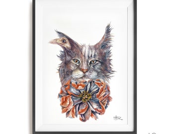 ORIGINAL Watercolor painting, Mainecoon Cat Art, Watercolor Cat Portrait, Cat art, Gift for cat lover, Cat painting, Home Decor