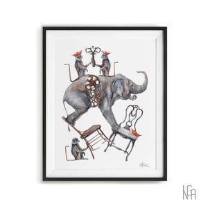 May include: Watercolor print of an elephant with gears on its side, monkeys wearing hats, and chairs. The elephant is gray, and the monkeys wear red hats. The chairs are brown and black. The artwork is framed in a black frame.