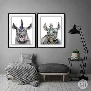 SET OF 2, Art Print, Rhino Watercolor Drawing, Rhino Art, Rhino Picture, Rhino Illustration - Home Decor - Home Art