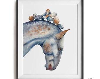 青い背景に白い馬 オリジナル水彩画 乗馬壁アート ムスタング 長い