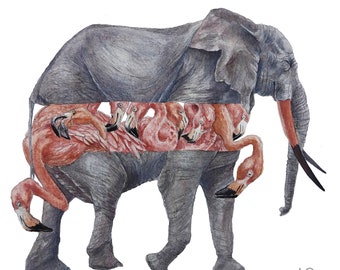 ORIGINAL ART- Elephant watercolor painting, Surrealistic Art, Wild Animal Art, Savannah animal painting, Flamingo painting