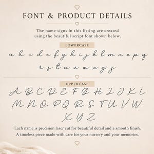 May include: A font and product details chart featuring the text FONT & PRODUCT DETAILS, LOWERCASE, and UPPERCASE. The chart displays the full alphabet in a script font, with lowercase letters a through z and uppercase letters A through Z.