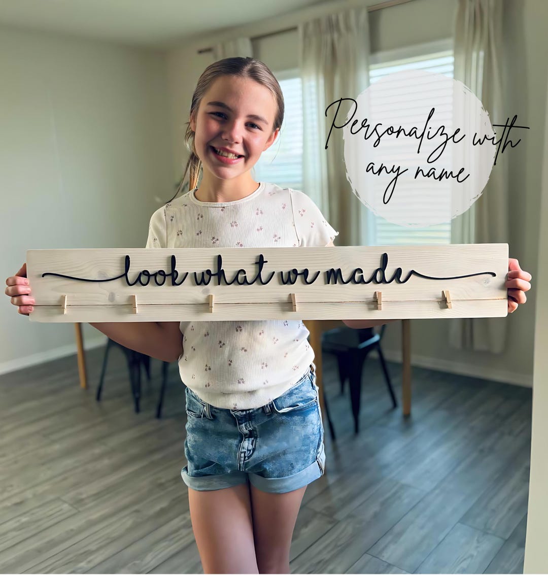 3D laser cut look what I made sign | children's art display signs | modern farmhouse | kids art | artwork display - Natural, 24" | White