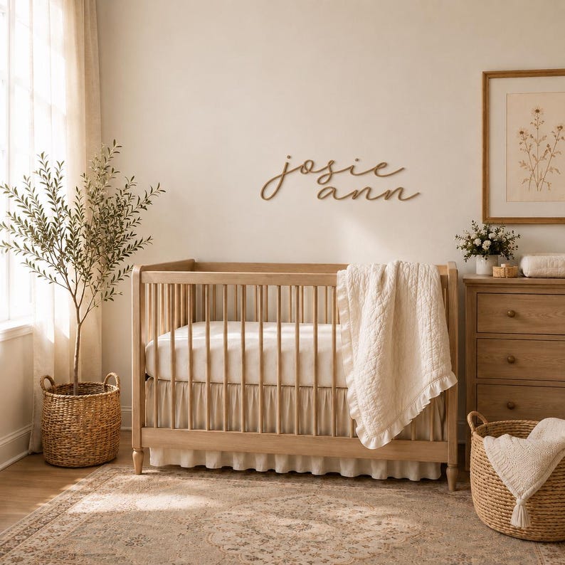 May include: A light wood crib with a white mattress and a ruffled white quilt draped over the side. Above the crib, the name Josie Ann is written in a cursive wooden script. The crib is positioned in a room with a woven basket and a dresser.