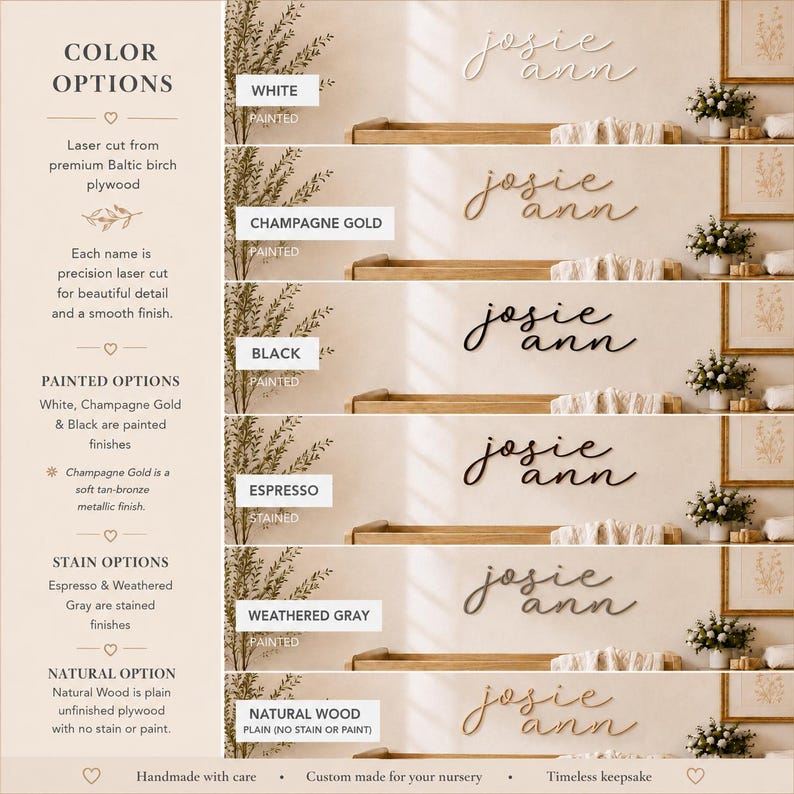 May include: A set of laser-cut wooden name signs in cursive script reading Josie Ann, displayed in six color options: white, champagne gold, black, espresso, weathered gray, and natural wood, with descriptive text detailing finish choices.