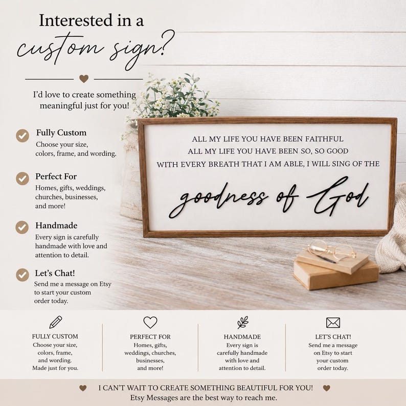 May include: A framed wooden sign with the text "ALL MY LIFE YOU HAVE BEEN FAITHFUL...goodness of God" in black script. The sign is displayed on a white background. The image also includes text about custom signs.