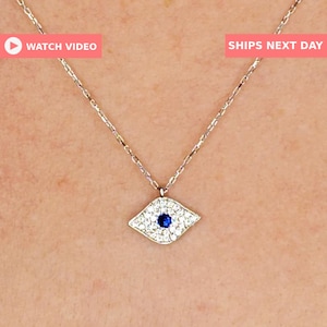 Evil Eye Necklace / Sapphire CZ Evil Eye Necklace / Cubic Zirconia Dainty Evil Eye Charm Necklace / Evil Eye Gift Ideas / Gift for Her