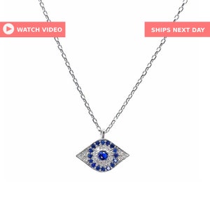 Evil Eye Necklace / Sapphire CZ Evil Eye Necklace / Cubic Zirconia Dainty Evil Eye Charm Necklace / Evil Eye Gift Ideas / Gift for Her