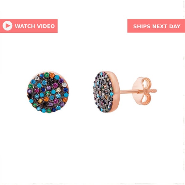 Multi Color Studs / Colorful Sterling Silver CZ Stud Earrings / Cubic Zirconia Disc Earrings / Multi Color Pave Disc Studs / Rainbow Studs