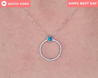Circle Evil Eye Necklace / STERLING SILVER CZ Evil Eye Charm Necklace / Dark Blue Evil Eye Charm / Protection Necklace / Gift for Her