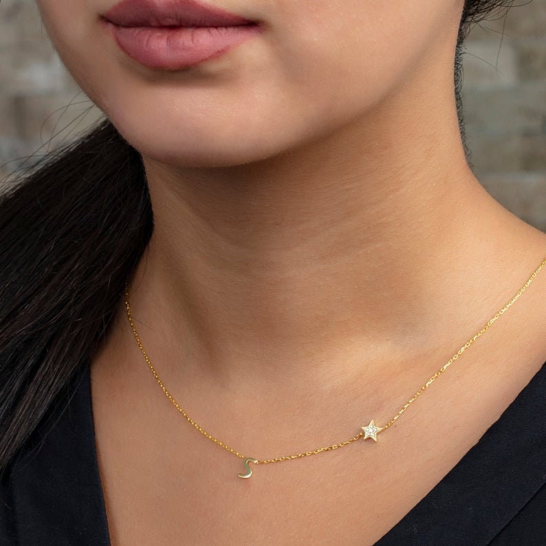 Diamond Initial Necklace Gold Plated Diamond Star Charm and Initial Necklace Cubic Zirconia Star Layering Necklace Diamond Gifts Ideas