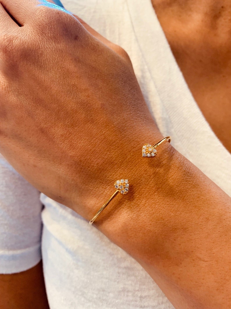 Gold Plated Wire Bangle Bracelet with CZ Hearts Dainty Gift for Her