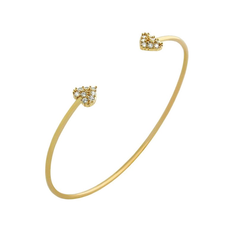 Gold Plated Wire Bangle Bracelet with CZ Hearts Dainty Gift for Her