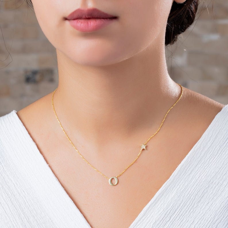 Diamond Initial Necklace Gold Plated Diamond Star Charm and Initial Necklace Cubic Zirconia Star Layering Necklace Diamond Gifts Ideas
