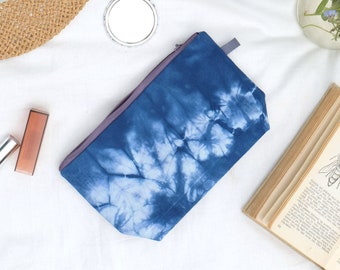 Tie dye make up bag. Small indigo blue cosmetic bag with zipper. Soft fabric everyday makeup bag. Fits everyday purse. Vacation toiletry bag