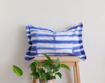 Blue Lumbar pillow cover 12x20 inch size, Blue stripes tie dye pillowcase