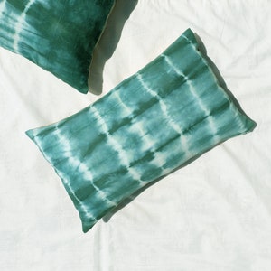 Boho Tie dye pillow cover. Handmade emerald green pillowcase 12 x 20 size. Bohemian stripes pillow. Green accent sofa cushion. READY TO SHIP image 1