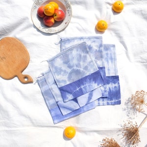 Set of 5 Reusable produce bags , Eco friendly shopping bags, Upcycled tie dye mesh bags, Vegetables and fruits bags, drawstring bag