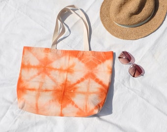 Orange tie dye shopping tote, One of a kind canvas cotton tote bag