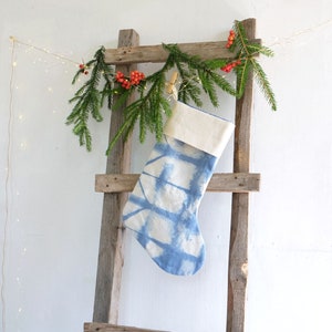 Blue tie dye Christmas stockings, Personalized Bohemian Holiday ornaments, ready to ship image 4