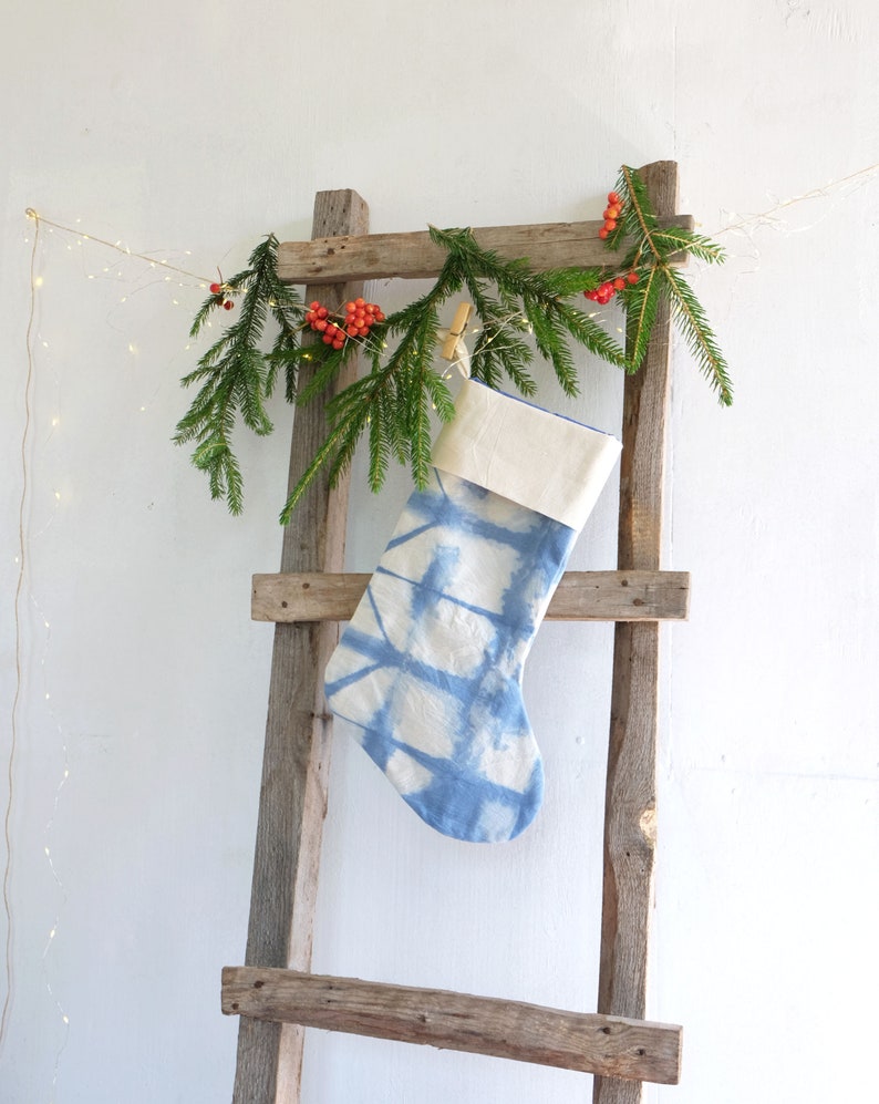 Blue tie dye Christmas stockings, Personalized Bohemian Holiday ornaments, ready to ship image 4