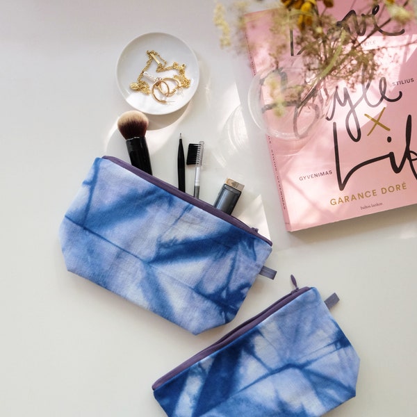 Handmade Tie Dye Cosmetic Pouch, Indigo Blue Makeup Bag
