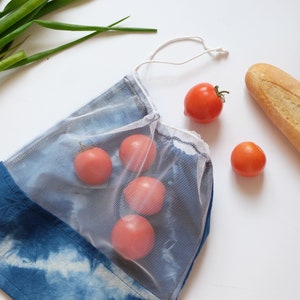 Zero waste reusable grocery bags, Handmade Cotton mesh bags with Tie dye, Vegetable and fruit market bags image 5
