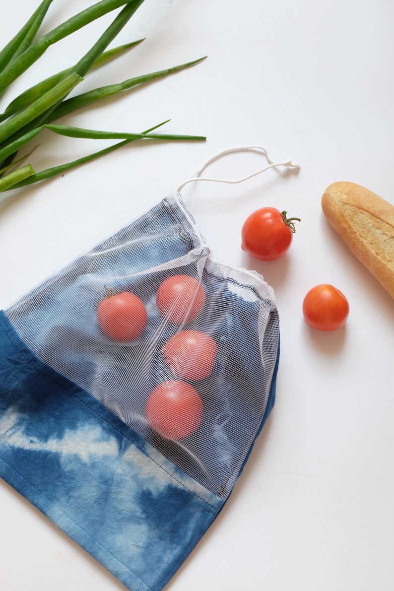 Zero waste reusable grocery bags, Handmade Cotton mesh bags with Tie dye, Vegetable and fruit market bags image 5