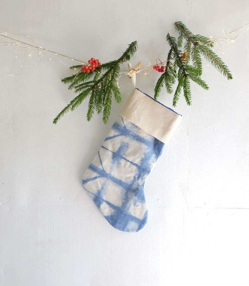 Blue tie dye Christmas stockings, Personalized Bohemian Holiday ornaments, ready to ship image 5