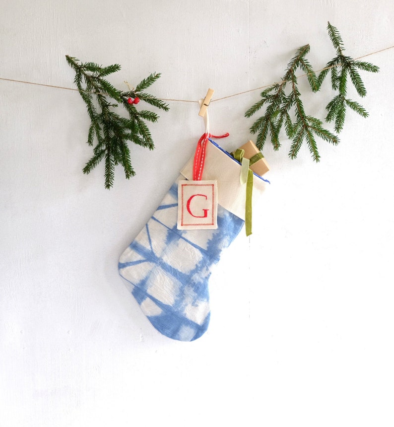 Blue tie dye Christmas stockings, Personalized Bohemian Holiday ornaments, ready to ship image 1