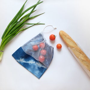 Zero waste reusable grocery bags, Handmade Cotton mesh bags with Tie dye, Vegetable and fruit market bags One small bag