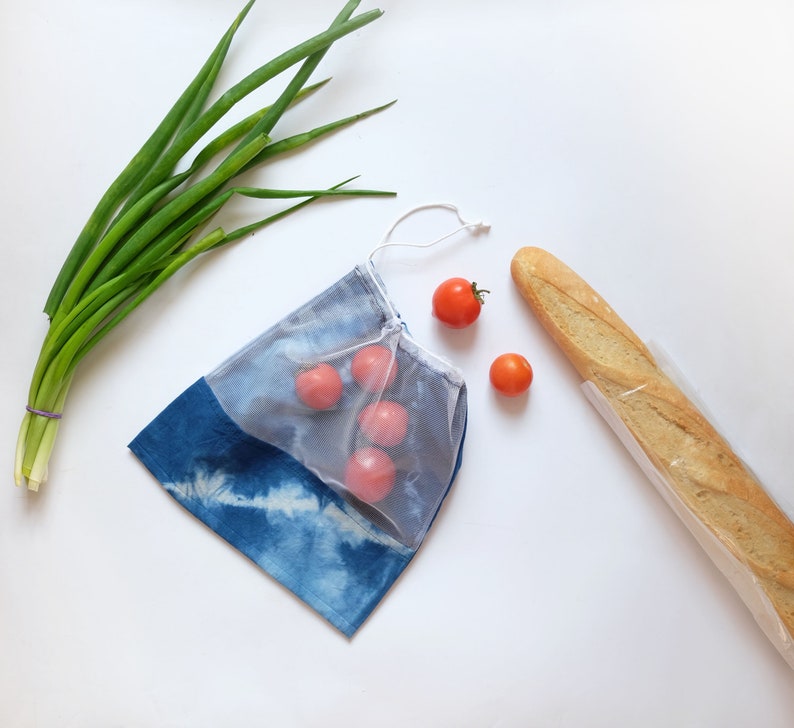 Zero waste reusable grocery bags, Handmade Cotton mesh bags with Tie dye, Vegetable and fruit market bags image 1