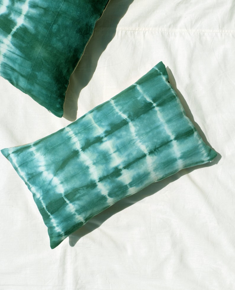 Boho Tie dye pillow cover. Handmade emerald green pillowcase 12 x 20 size. Bohemian stripes pillow. Green accent sofa cushion. READY TO SHIP image 5