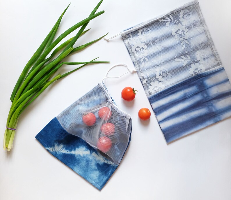 Zero waste reusable grocery bags, Handmade Cotton mesh bags with Tie dye, Vegetable and fruit market bags image 8