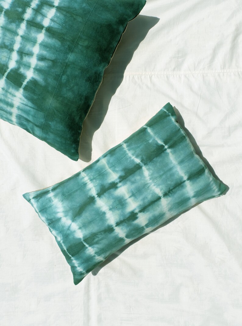 Boho Tie dye pillow cover. Handmade emerald green pillowcase 12 x 20 size. Bohemian stripes pillow. Green accent sofa cushion. READY TO SHIP image 1