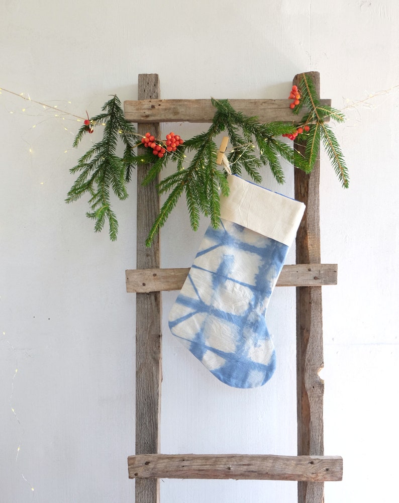Blue tie dye Christmas stockings, Personalized Bohemian Holiday ornaments, ready to ship image 7