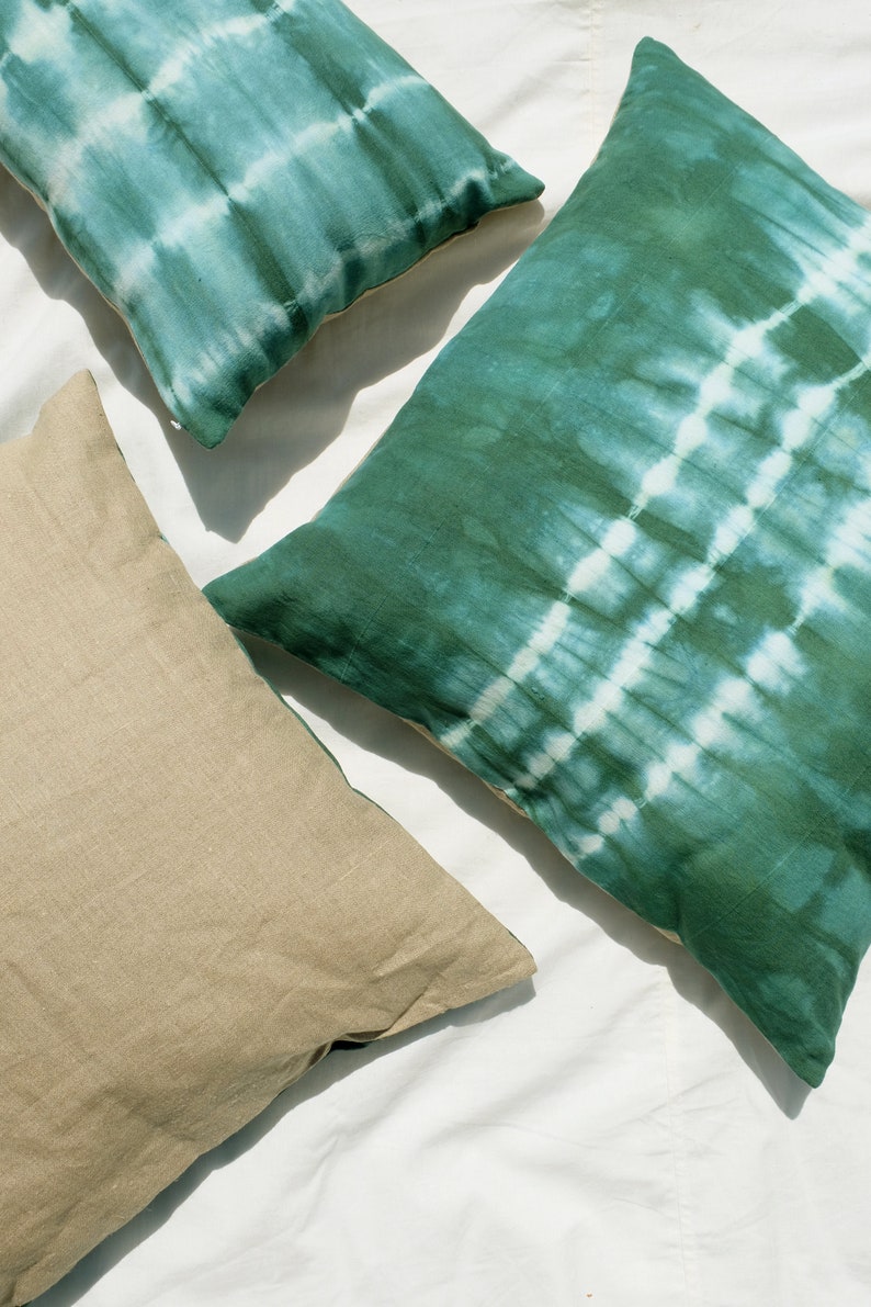 Boho Tie dye pillow cover. Handmade emerald green pillowcase 12 x 20 size. Bohemian stripes pillow. Green accent sofa cushion. READY TO SHIP image 4