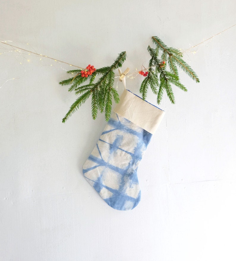 Blue tie dye Christmas stockings, Personalized Bohemian Holiday ornaments, ready to ship image 2