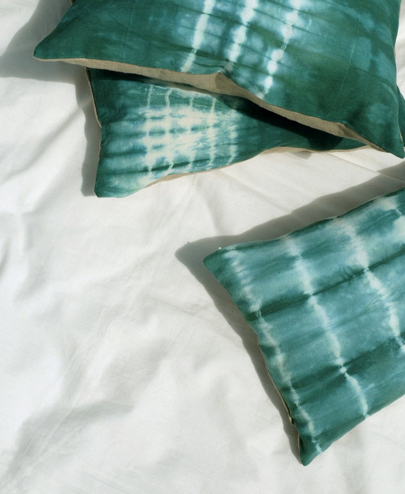 Boho Tie dye pillow cover. Handmade emerald green pillowcase 12 x 20 size. Bohemian stripes pillow. Green accent sofa cushion. READY TO SHIP image 6