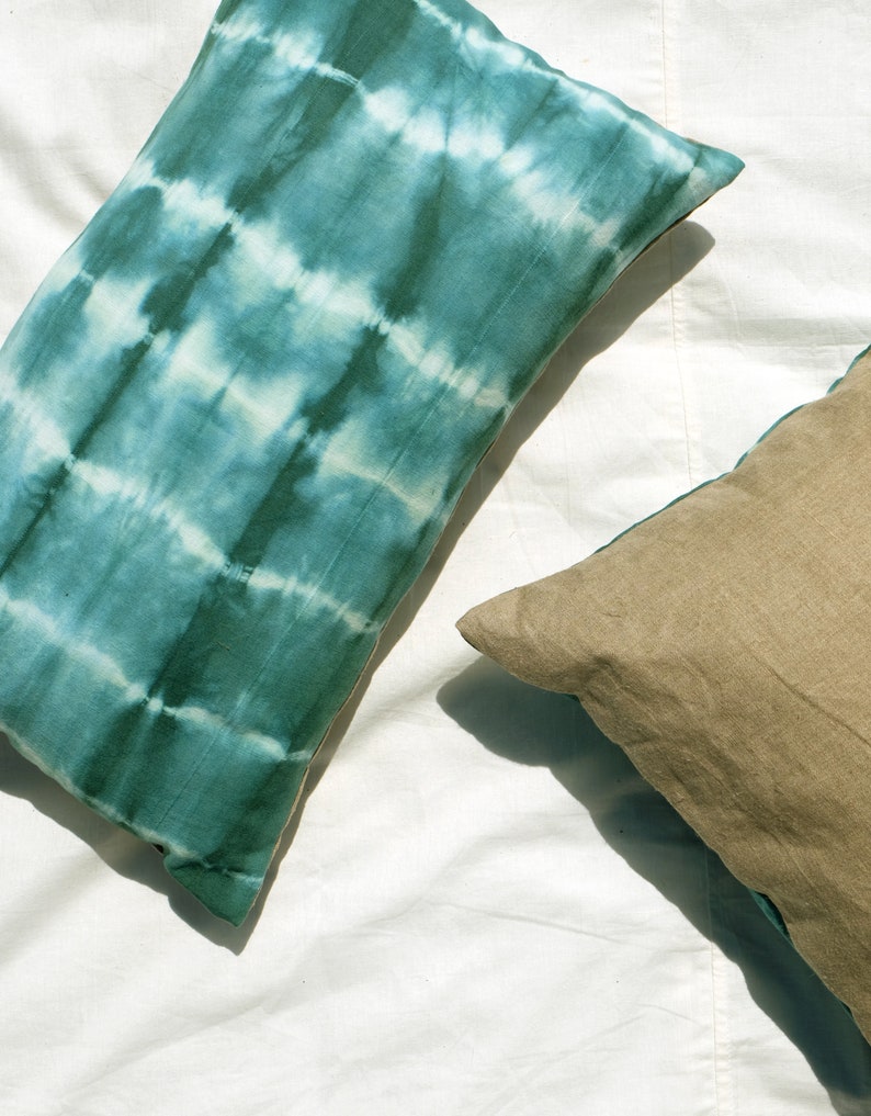 Boho Tie dye pillow cover. Handmade emerald green pillowcase 12 x 20 size. Bohemian stripes pillow. Green accent sofa cushion. READY TO SHIP image 2