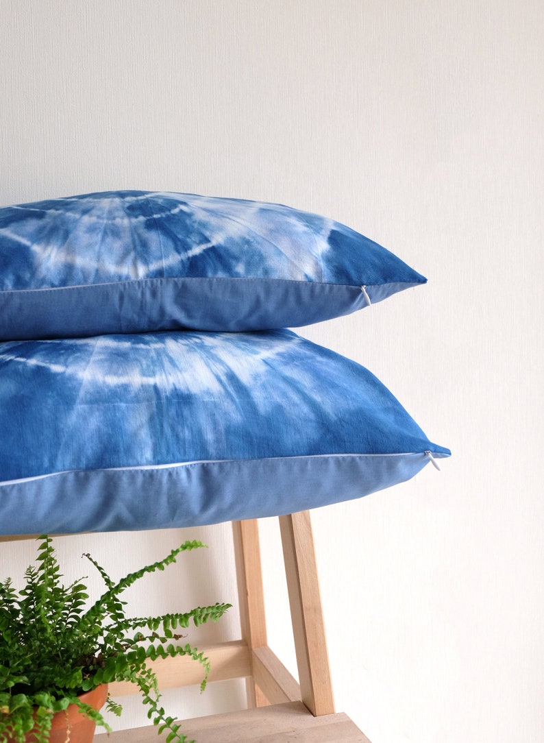 Blue Tie Dye Pillowcase 20 x 20 inch, Modern boho Pillow Cover, Handmade pillow, Blue pillow cover image 4