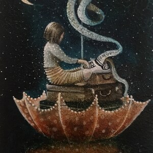 May include: A painting of a person sitting on a suitcase on top of an umbrella, typing on a typewriter. The person is wearing a brown dress and has brown hair. The typewriter is on a table and there is a blue, swirling smoke coming from it. The background is a dark blue with white stars.