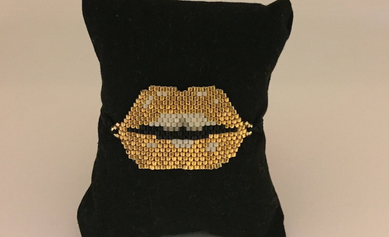 hand made wtih 24k gold plated Miyuki beads Gifts for her 24k BeadedLips bracelet Adjustable brick stitch