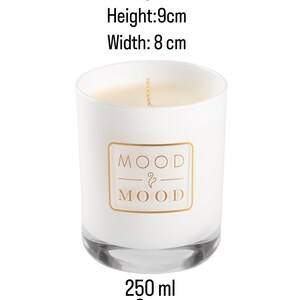 Op de afbeelding: Een witte kaars pot met een gouden label waarop "MOOD & MOOD" staat. De kaars is 9 cm hoog en 8 cm breed en bevat 250 ml was.