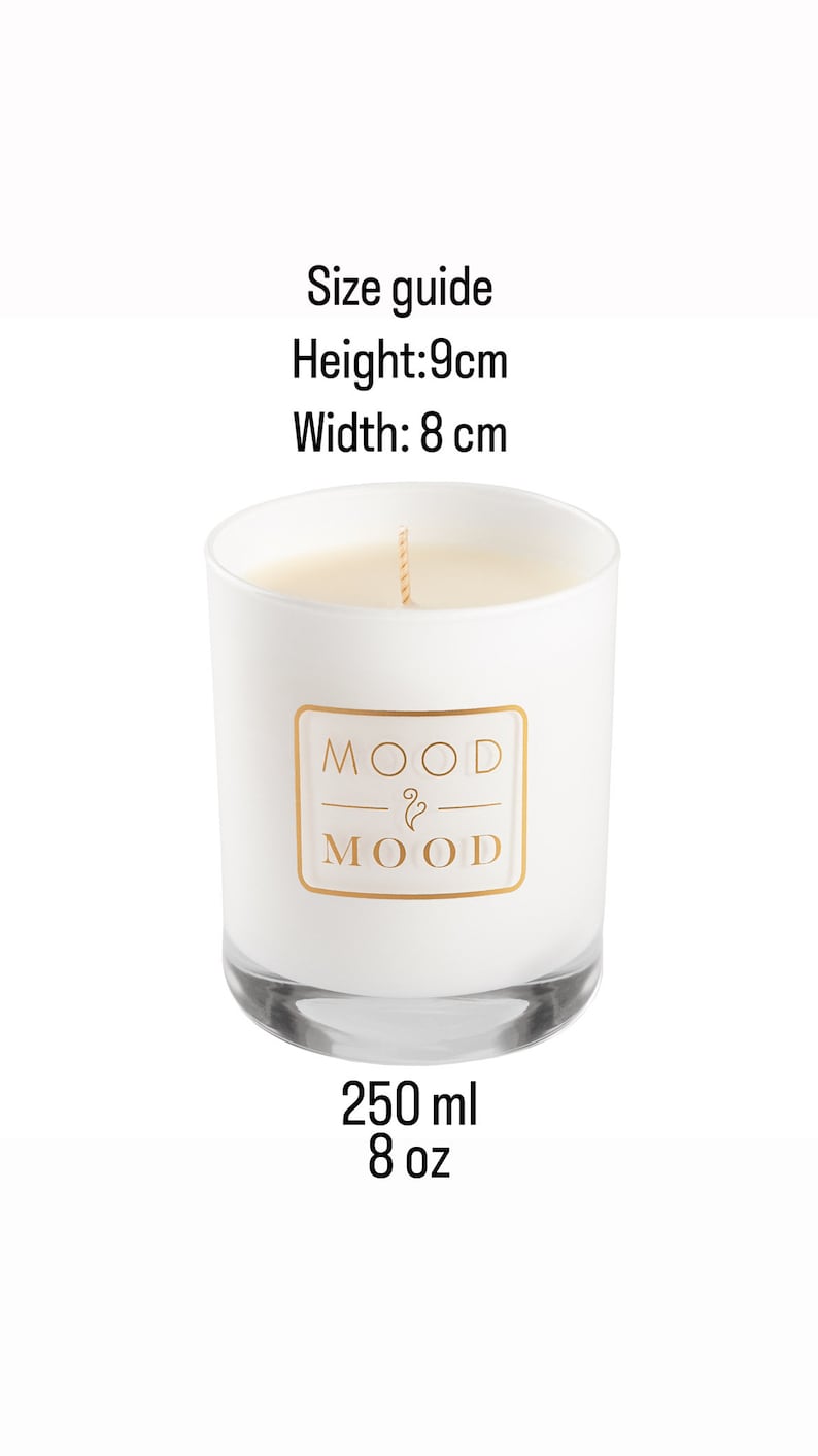 Op de afbeelding: Een witte kaars pot met een gouden label waarop "MOOD & MOOD" staat. De kaars is 9 cm hoog en 8 cm breed en bevat 250 ml was.